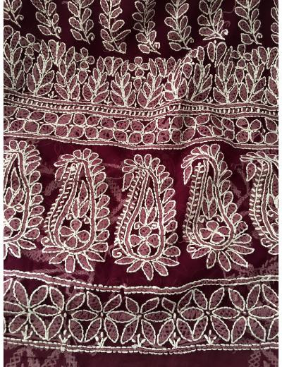 Chhangamal Hand Embroidered Wine Colour Georgette Chikankari Saree
