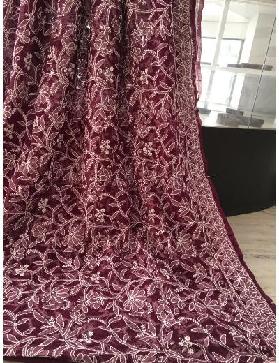 Chhangamal Hand Embroidered Wine Colour Georgette Chikankari Saree
