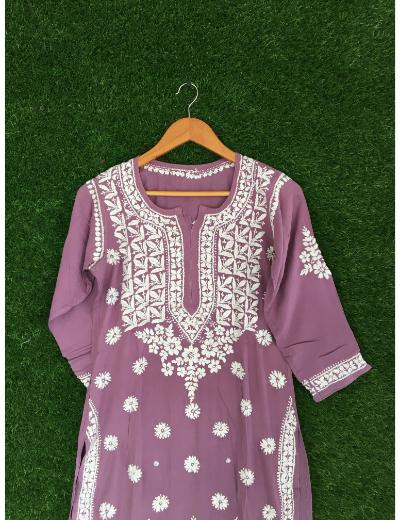 Chhangamal Hand Embroidered Wine Colour Modal Chikankari Kurti