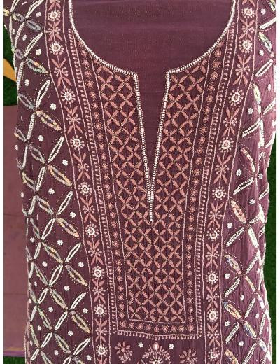 Chhangamal Hand Embroidered Wine Colour Mul Chanderi Chikankari Suit Piece