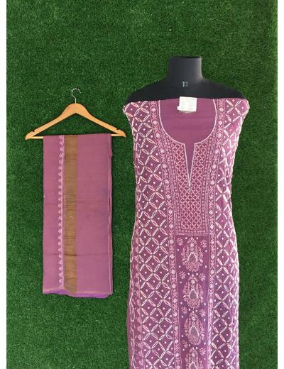 Chhangamal Hand Embroidered Wine Colour Mul Chanderi Chikankari Suit Piece