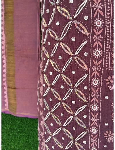 Chhangamal Hand Embroidered Wine Colour Mul Chanderi Chikankari Suit Piece