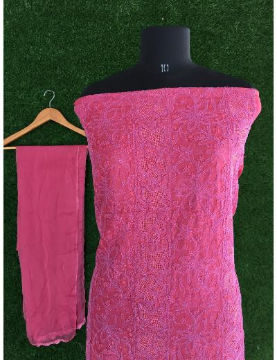 Chhangamal Hand Embroidered Wine Colour Silk Chikankari Suit Piece