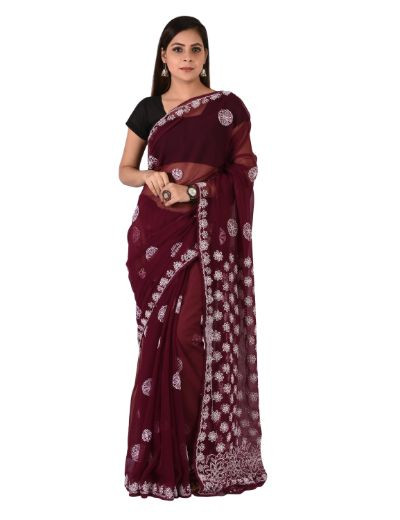 Chhangamal Hand Embroidered Wine Faux Georgette Chikankari Saree