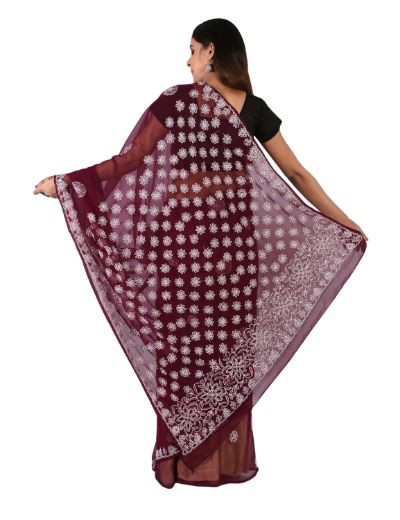 Chhangamal Hand Embroidered Wine Faux Georgette Chikankari Saree