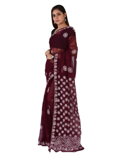 Chhangamal Hand Embroidered Wine Faux Georgette Chikankari Saree