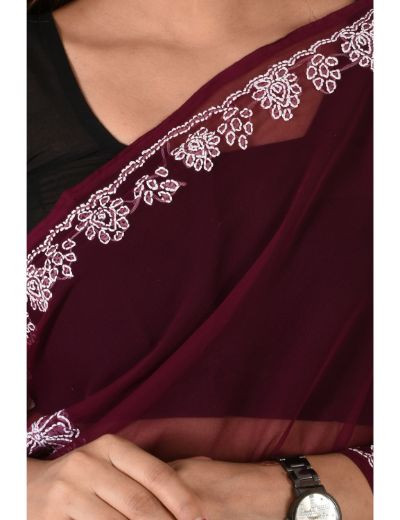 Chhangamal Hand Embroidered Wine Faux Georgette Chikankari Saree