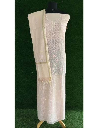 Chhangamal Hand Embroidered Woman Light Peach Colour Mul Chanderi Chikankari Suit Piece