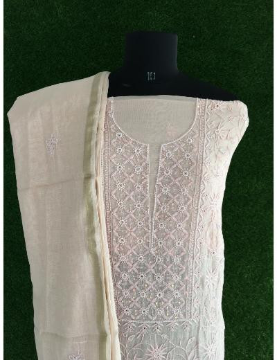 Chhangamal Hand Embroidered Woman Light Peach Colour Mul Chanderi Chikankari Suit Piece