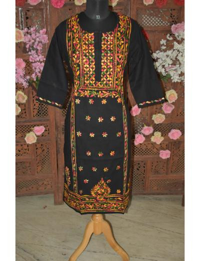 Chhangamal Hand Embroidered Women Black Colour Cotton Chikankari Kurti