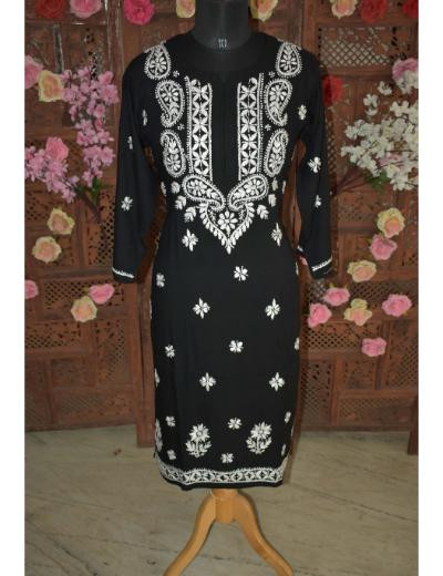 Chhangamal Hand Embroidered Women Black Colour Reyon Chikankari Kurti