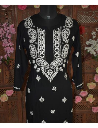 Chhangamal Hand Embroidered Women Black Colour Reyon Chikankari Kurti