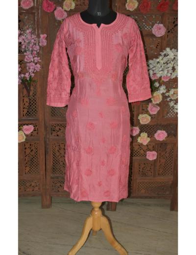 Chhangamal Hand Embroidered Women Corrot Colour Muslin Chikankari Kurti