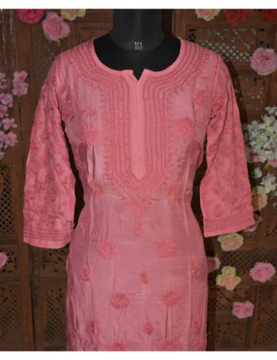 Chhangamal Hand Embroidered Women Corrot Colour Muslin Chikankari Kurti