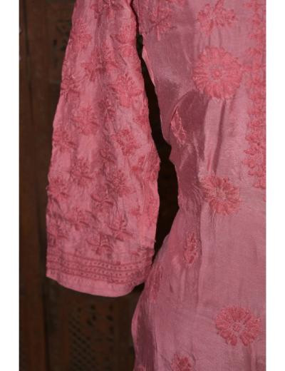 Chhangamal Hand Embroidered Women Corrot Colour Muslin Chikankari Kurti