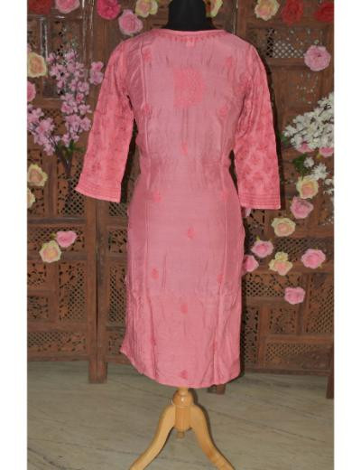 Chhangamal Hand Embroidered Women Corrot Colour Muslin Chikankari Kurti