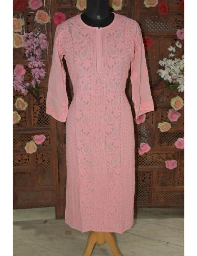 Chhangamal Hand Embroidered Women Dark  Pink Colour Pure Georgette Kurti