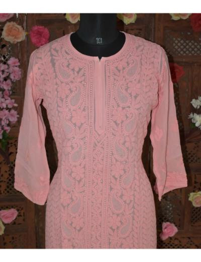 Chhangamal Hand Embroidered Women Dark  Pink Colour Pure Georgette Kurti