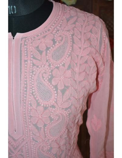 Chhangamal Hand Embroidered Women Dark  Pink Colour Pure Georgette Kurti