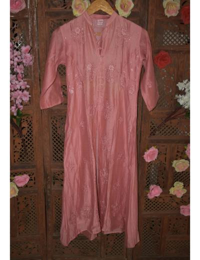 Chhangamal Hand Embroidered Women Dark Onion Pink Chanderi silk Kurti