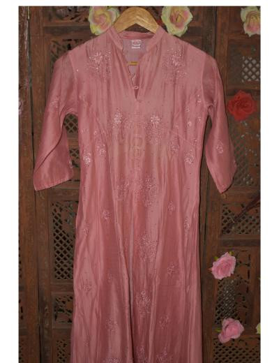 Chhangamal Hand Embroidered Women Dark Onion Pink Chanderi silk Kurti