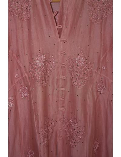 Chhangamal Hand Embroidered Women Dark Onion Pink Chanderi silk Kurti