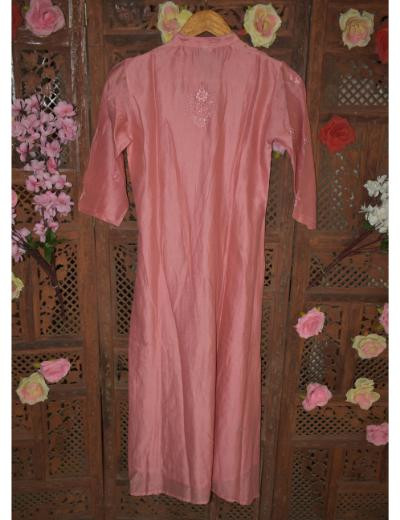Chhangamal Hand Embroidered Women Dark Onion Pink Chanderi silk Kurti
