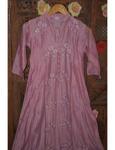 Chhangamal Hand Embroidered Women Dark Pink Colour Chanderi silk
