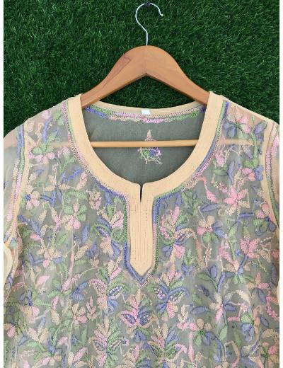 Chhangamal Hand Embroidered Women Gajri Colour Georgette Chikankari Top