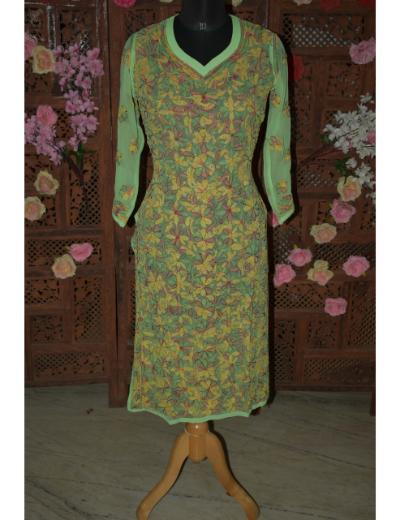 Chhangamal Hand Embroidered Women Green Colour Faux Georgette Chikankari Kurti