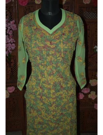 Chhangamal Hand Embroidered Women Green Colour Faux Georgette Chikankari Kurti