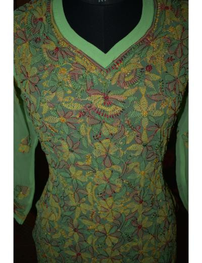Chhangamal Hand Embroidered Women Green Colour Faux Georgette Chikankari Kurti