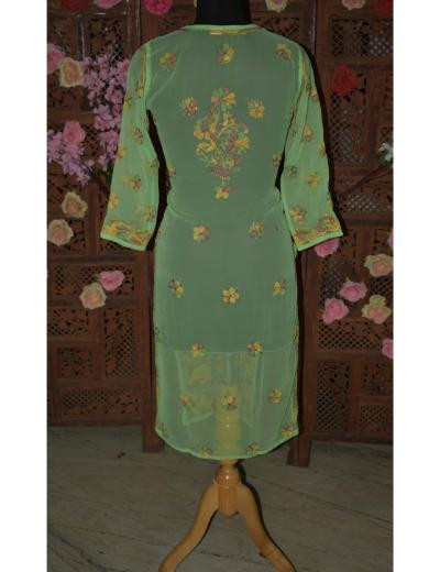 Chhangamal Hand Embroidered Women Green Colour Faux Georgette Chikankari Kurti