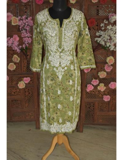 Chhangamal Hand Embroidered Women Green Colour Mul Cotton Chikankari Kurti