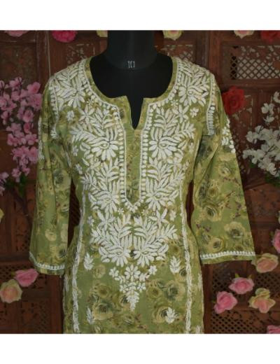 Chhangamal Hand Embroidered Women Green Colour Mul Cotton Chikankari Kurti