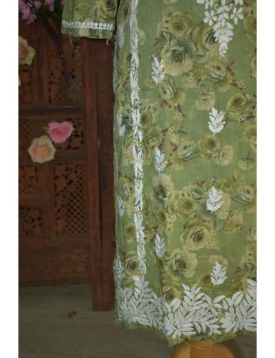 Chhangamal Hand Embroidered Women Green Colour Mul Cotton Chikankari Kurti