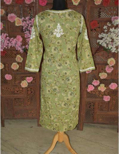 Chhangamal Hand Embroidered Women Green Colour Mul Cotton Chikankari Kurti