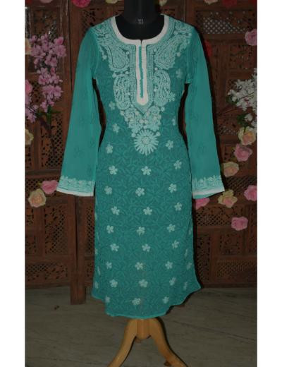 Chhangamal Hand Embroidered Women Grey Colour Georgette  Chikankari Kurti