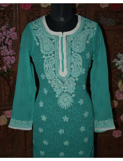 Chhangamal Hand Embroidered Women Grey Colour Georgette  Chikankari Kurti