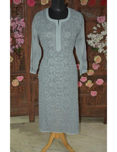 Chhangamal Hand Embroidered Women Grey Colour Georgette  Chikankari Kurti