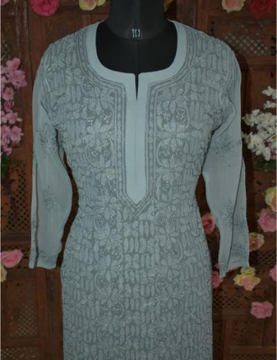 Chhangamal Hand Embroidered Women Grey Colour Georgette  Chikankari Kurti