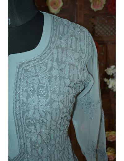 Chhangamal Hand Embroidered Women Grey Colour Georgette  Chikankari Kurti