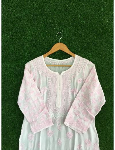 Chhangamal Hand Embroidered Women Light Pink Colour Muslin Chikankari Kurti