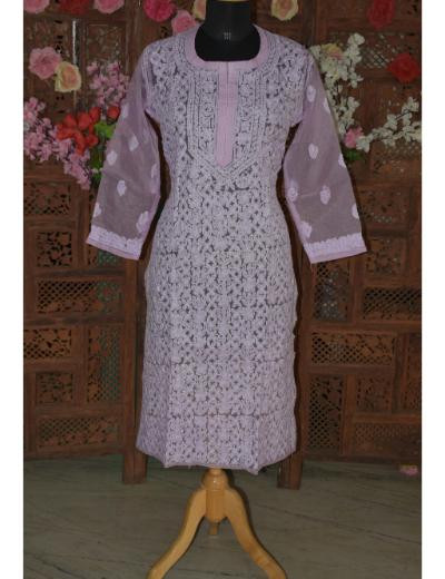 Chhangamal Hand Embroidered Women Mauve Colour  Organza Chikankari Kurti