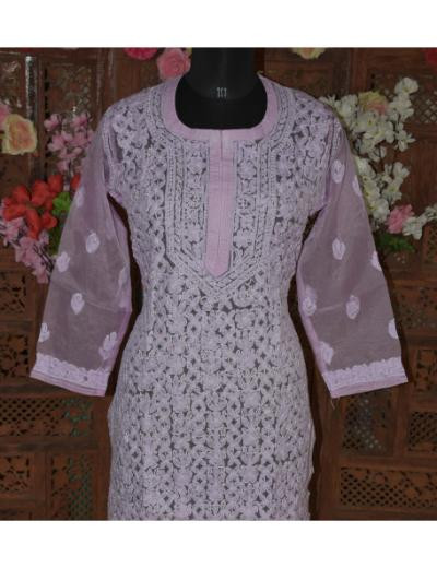 Chhangamal Hand Embroidered Women Mauve Colour  Organza Chikankari Kurti