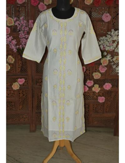 Chhangamal Hand Embroidered Women Off White Colour Cotton Chikankari Kurti