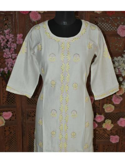 Chhangamal Hand Embroidered Women Off White Colour Cotton Chikankari Kurti
