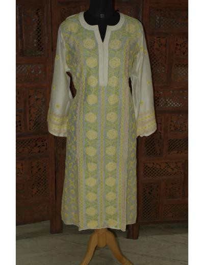 Chhangamal Hand Embroidered Women Off-White Semi Stitched Mul Chanderi Chikankari Kurti with Multicoloured Thread Work