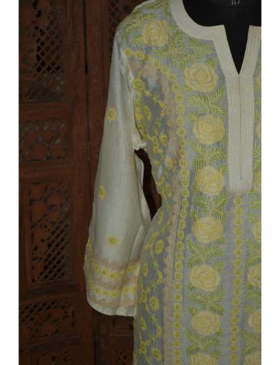 Chhangamal Hand Embroidered Women Off-White Semi Stitched Mul Chanderi Chikankari Kurti with Multicoloured Thread Work
