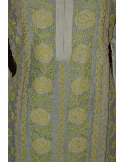 Chhangamal Hand Embroidered Women Off-White Semi Stitched Mul Chanderi Chikankari Kurti with Multicoloured Thread Work